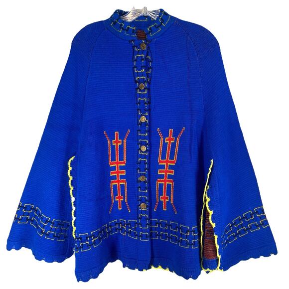 Vtg Cape 70s Knit Poncho Pagoda Chinoiserie One Size Hippie Boho Twee - Picture 1 of 9